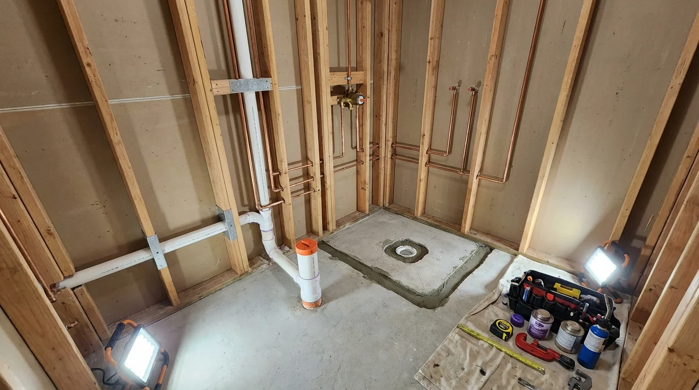Bathroom rough-in plumbing during remodel by Johns Plumbing LLC in Detroit Lakes