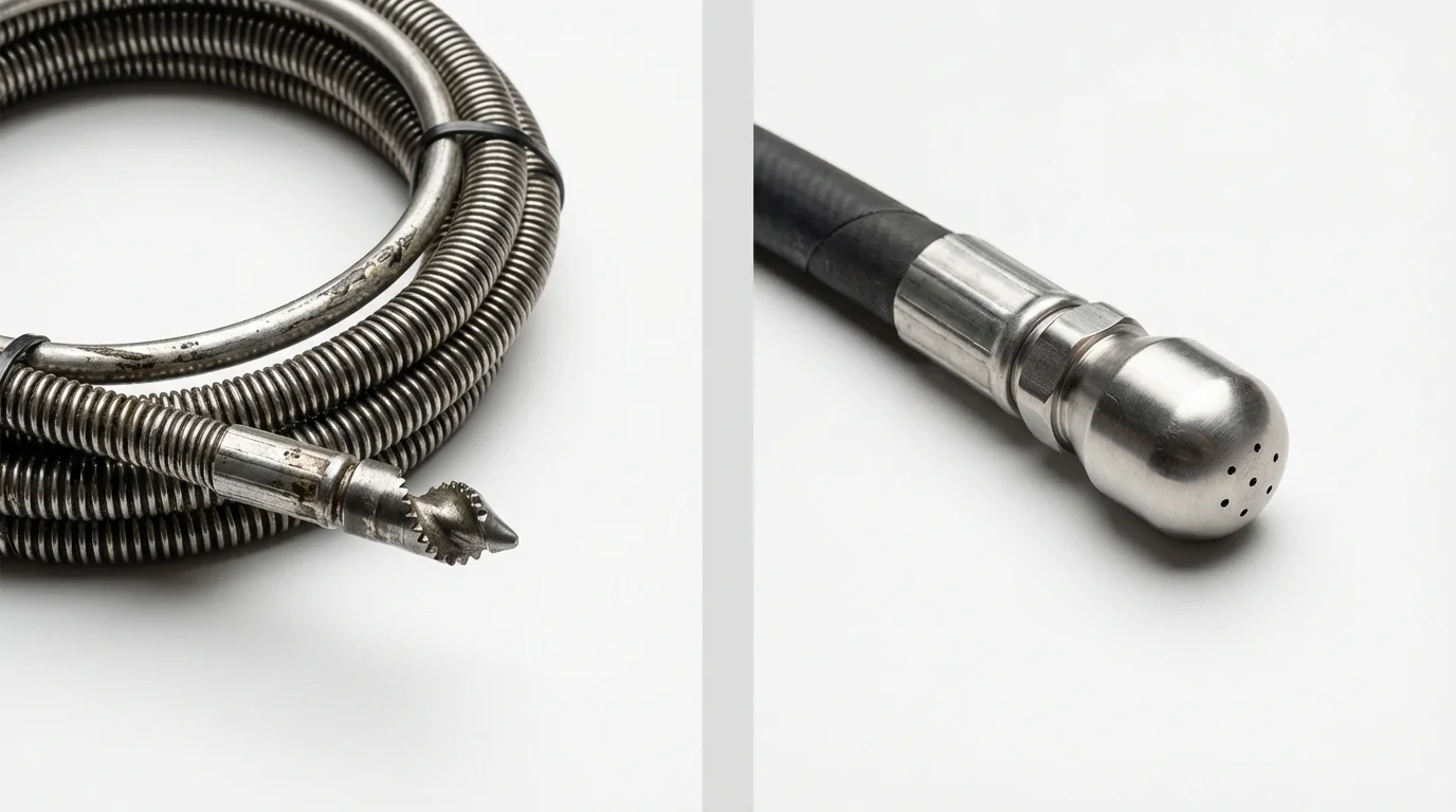 Drain snake cable and hydro jetting nozzle used for drain cleaning in Detroit Lakes, MN