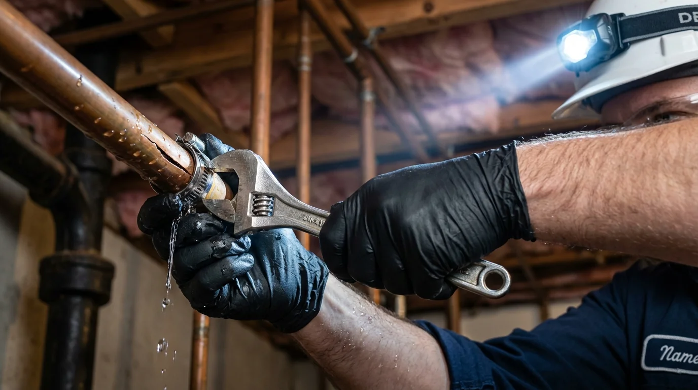 Emergency pipe clamp repair being performed by a Johns Plumbing LLC plumber in Detroit Lakes