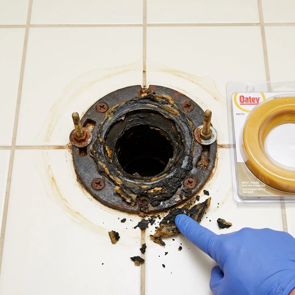 Failed wax ring showing water seepage at the base of a toilet in a Detroit Lakes, MN home