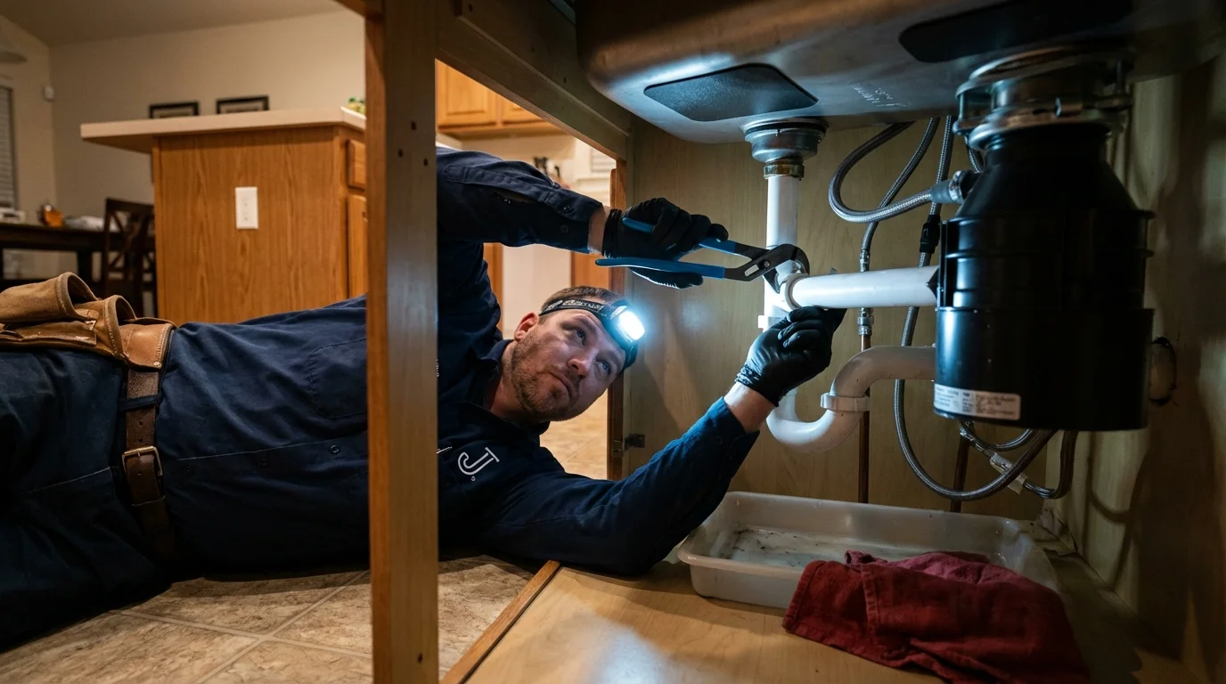 P-trap and supply line connections under a kitchen sink showing a common leak point in Detroit Lakes, MN